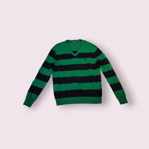 Express Sweater Men's Size M Green/Black Striped Knit Pullover‎ Cotton V Neck